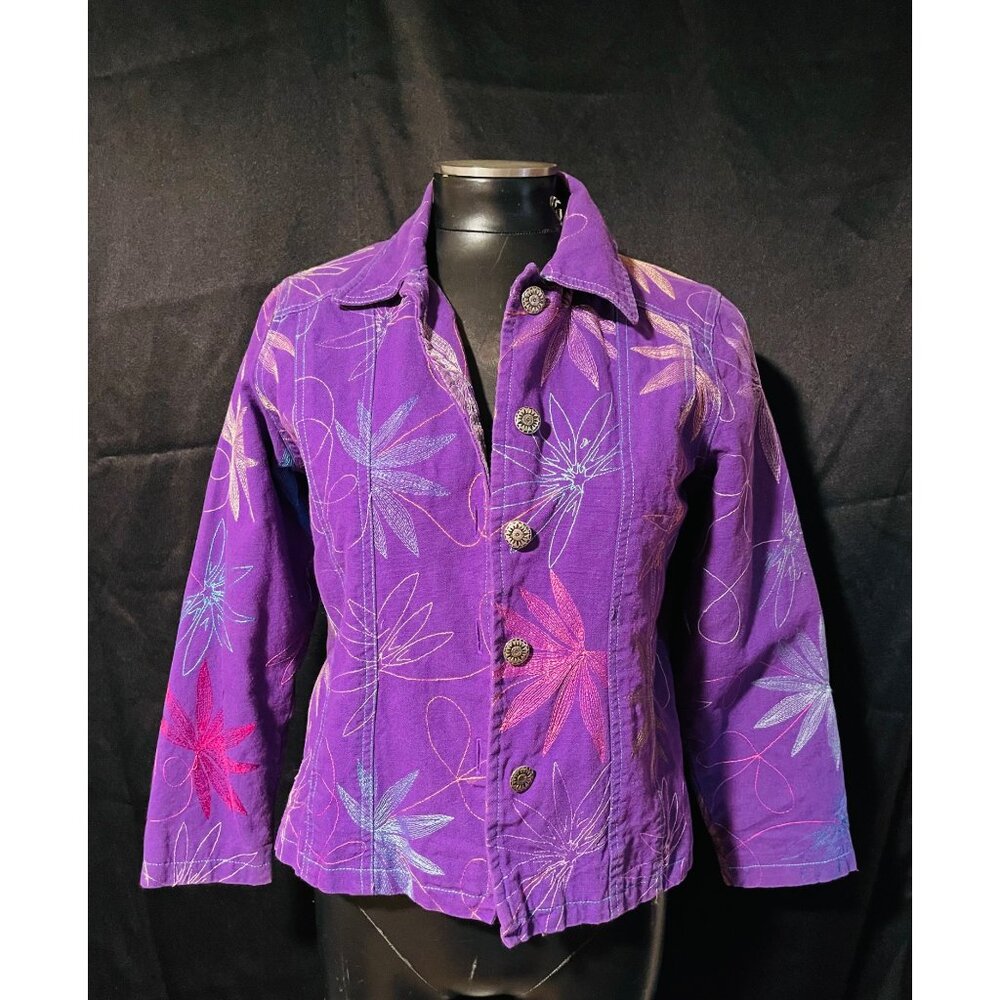 Alex Kim Jacket Womens Purple Denim Embroidery Floral Art Small